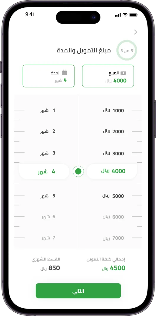 حدد مبلغ التمويل والمدة